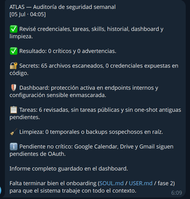 Reporte de auditoría de seguridad semanal recibido en Telegram