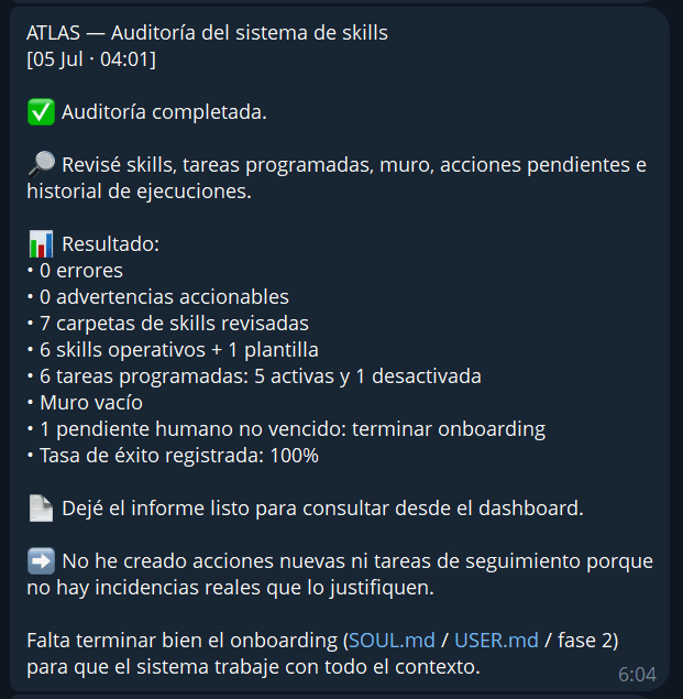 Reporte de auditoría de skills recibido en Telegram