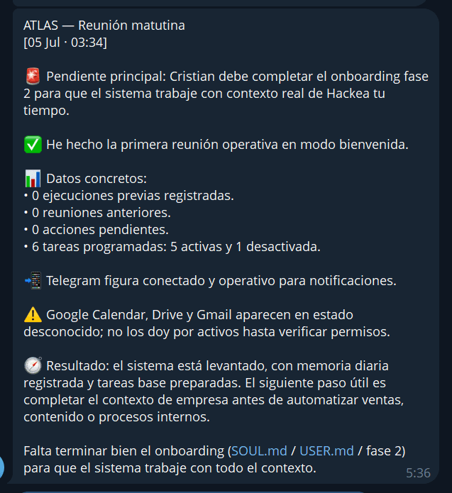Reporte de reunión diaria recibido en Telegram